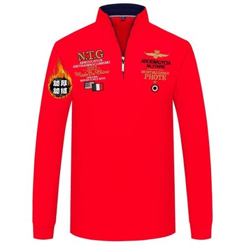 冬季加絨厚t恤男裝立領拉鏈半高領長袖POLO衫體恤刺繡紅色本命年