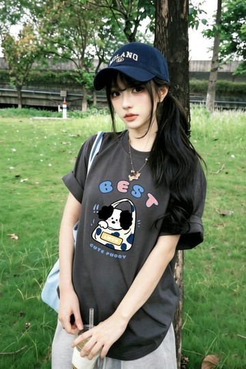 夏季新款休閒風煙灰色短袖小眾設計感寬鬆純棉女生上衣 慵懶風 男生短袖 oversize寬鬆 韓版短T 大學T