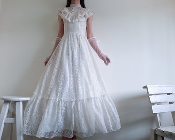 復古 1970 年代奶油色蕾絲新娘禮服 CANDI JONES CALIFORNIA 經典