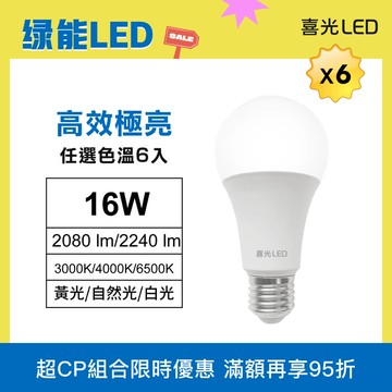 【經典水亮組】16W LED 高效極亮燈泡 色溫任選 - 6入組 💡綠能LED｜滿額再打95折