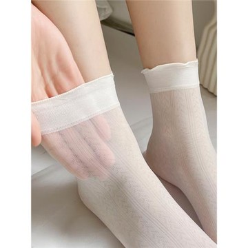 襪子夏天薄款女奶白色冰絲短襪夏季jk花邊冰冰配黑色小皮鞋中筒襪
