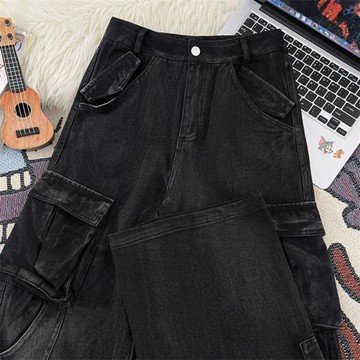 美式高街復古工裝牛仔褲男潮牌街頭休閑多口袋寬松闊腿黑色長褲子