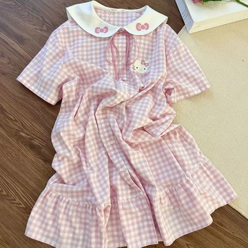 ⭐臺灣出貨⭐甜美風少女粉色格子kitty貓夏季睡裙女可出門少女短袖長裙連衣裙