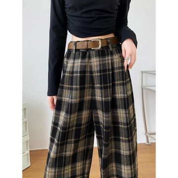 加絨格子褲子女秋冬2025新款直筒今年流行咖啡復古美式毛呢闊腿褲