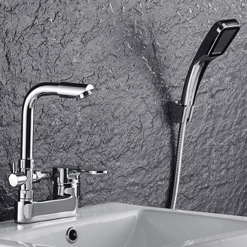 全銅面盆水龍頭浴室帶淋浴花灑臺盆洗臉盆冷熱水龍頭雙孔雙用