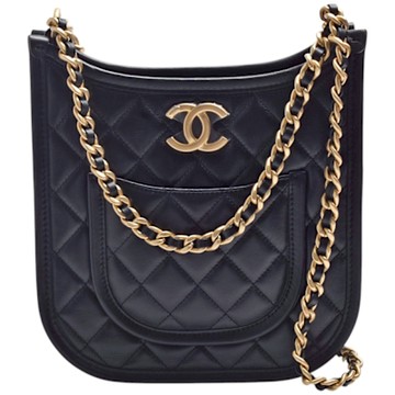 CHANEL  經典HOBO仿舊金屬雙C LOGO菱格紋羊皮金釦雙鍊手提/斜背包(黑色)
