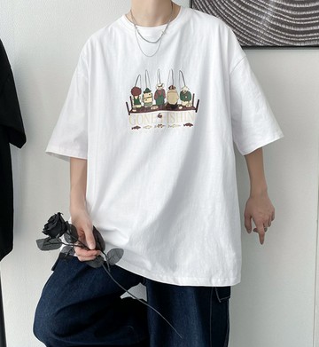 FINDSENSE X 韓潮 卡通釣魚圖案印花 寬鬆大尺碼 男士 純棉 短袖T恤