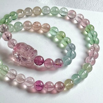 精品冰透碧璽貔貅雙圈手串