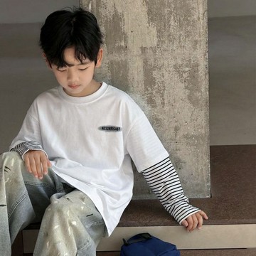 【中大男童】洋氣拼接假2件條紋袖T恤