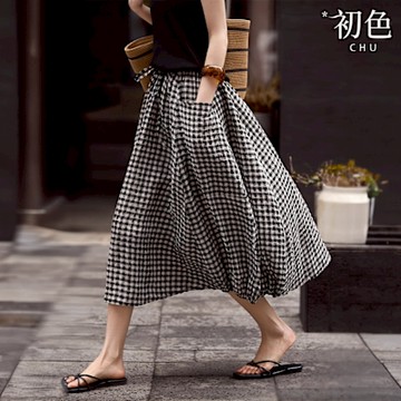 初色 休閒寬鬆泡泡皺肌理感撞色格紋抽繩貼帶鬆緊腰花苞裙中長裙半身裙-黑杏格-11481(M-XL可選)
