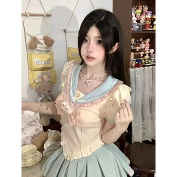 【甜辣妹必備】STRIVE 尤美子 微胖mm 娃娃領襯衫 玩偶領襯衫 夏季女裝 純慾風 蓬蓬短裙 兩件套 上衣短裙套裝