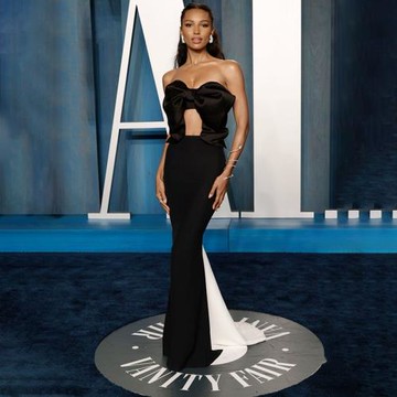 黑白拼色抹胸彈力色丁滌綸蝴蝶結修身長款連衣裙名媛宴會派對禮服