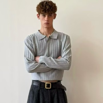 秋冬季翻領針織Polo衫男韓系寬鬆慵懶風素色套頭長袖毛衣男