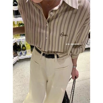 韓系百搭豎條紋 長袖襯衫女通勤純棉休閑氣質襯衣早春新款上衣潮