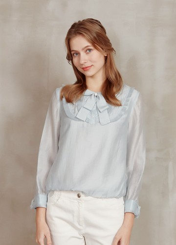 春日悠光壓褶翻領絲光棉上衣