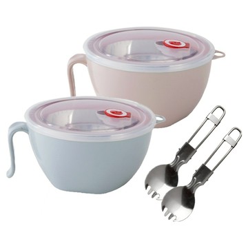 FAmILyLIFE 生活 316不鏽鋼隔熱保鮮泡麵碗 1200ml 2入組 附上蓋 + 湯叉匙  1套  蘇打藍 + 草莓粉