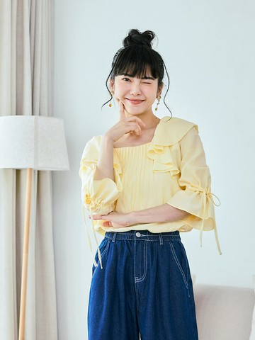 方領車褶線荷葉袖綁帶上衣