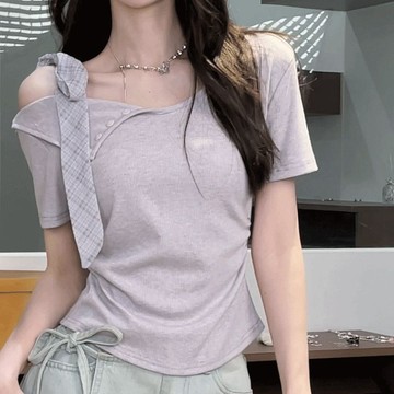 出清不補  韓系上衣 韓系 上衣 短袖 韓版 女裝 衣服 T恤 原創2025夏季新款不規則綁帶蝴蝶結短袖T恤女修