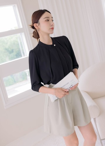 立領珍珠雪紡上衣