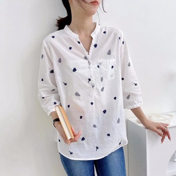 刺繡立領半開襟七分袖襯衫633991