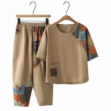 ✨可開發票#中年媽媽洋氣夏裝新款棉麻套裝時尚休閒大碼短袖上衣褲子兩件套#免運