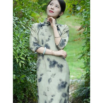 【青煙】玲瓏緞春秋手工中式日常修身中國風墨染印花文藝清雅長袖