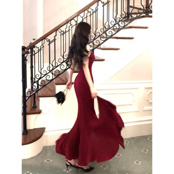 Good Job【晝夜生花】步步生蓮魚尾裙紅色針織吊帶連衣裙女晚禮服