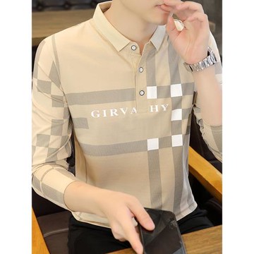 純棉爸爸長袖t恤男士中青年修身翻領上衣服格子polo衫襯衫領衣服