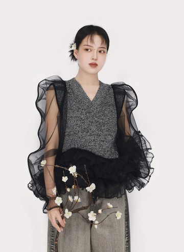 手工網紗拼接設計 花黑色羊毛針織背心 網紗泡泡袖
