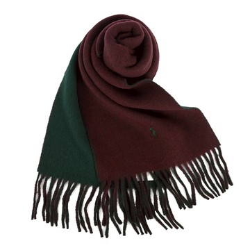 POLO Ralph Lauren刺繡小馬雙色流蘇羊毛混紡圍巾(暗紅/松綠)780932-11｜GoBrand購名牌