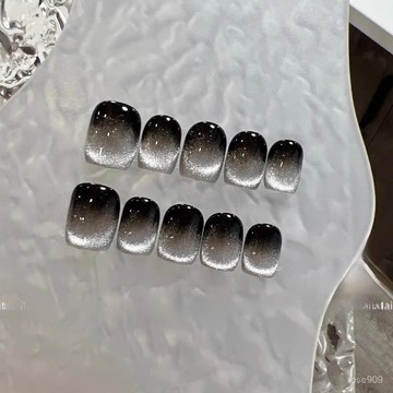 💅限時下殺穿戴甲💅春夏新款黑色漸變短款小燈泡貓眼小紅薯顯白百搭定製穿戴甲手指手工穿戴甲 RN9B