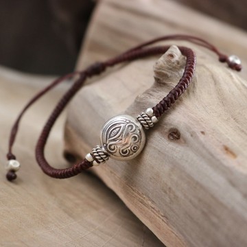 手工編織可調節蠟繩手鍊 搭配泰國銀製眼珠珠飾 適合男女佩戴