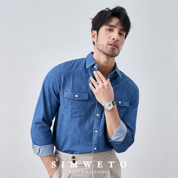 秋季復古雙口袋深藍色純棉牛仔襯衫男士休閑設計感紳士淺藍色襯衣