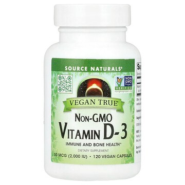 Source Naturals, Vegan True®，Non-GMO 維生素 D-3，50 微克（2000 國際單位），120 粒全素膠囊