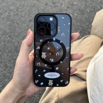 磁吸保護殼 蝴蝶結小熊玩偶適用iPhone16磁吸蘋果15黑邊手機殼14亞克力13新款