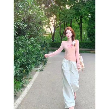 蝴蝶結印花粉色長袖T恤女顯瘦打底衫入秋內搭設計感甜辣上衣修身