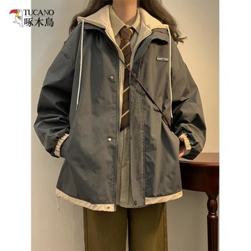 啄木鳥假兩件美式復古沖鋒衣外套女春秋新款寬松棒球服連帽夾克潮