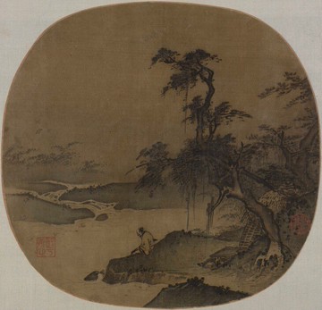 宋畫小品仿古畫名畫復制品宋夏圭臨流撫琴圖山水畫國畫冊頁團扇