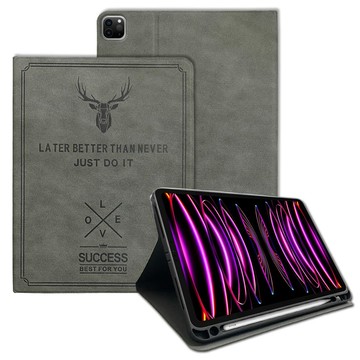 VXTRA 二代筆槽版 VXTRA 2022 iPad Pro 12.9吋 第6代 北歐鹿紋平板皮套 保護套(清水灰)