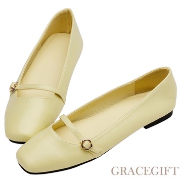 【Grace Gift】甜美方頭一字細帶平底瑪莉珍鞋 黃