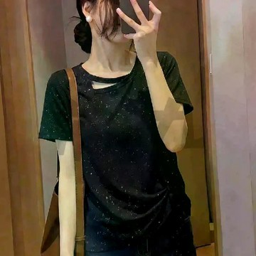 【佈小九】女生短T 短袖【人棉260克/撒銀】大碼撒金夏短袖新款顯瘦T恤不規則下襬