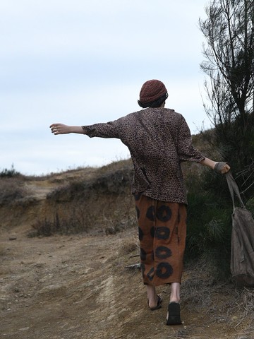 復古文青 棉麻針織印花半裙 一步裙