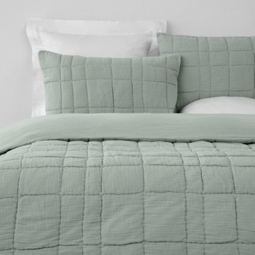 奧可利雙層皺皺紗绗縫純棉床包兩用被組加大 格子綠