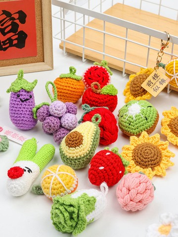 懶貓手作💖 成品手作diy挂件柿子花生蘋果草莓桃子梨鑰匙扣毛線向日葵針織品