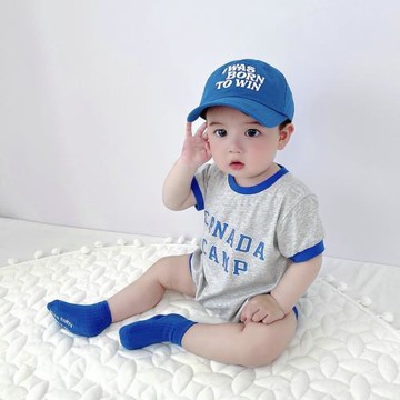 夏季男嬰兒連體衣短袖字母印花嬰童寶寶拼色全棉哈衣包屁爬爬服