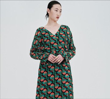 新中式復古中國風  真絲氣質印花長袖連衣裙
