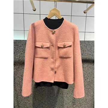 羊毛小香風雙面尼短外套大衣25秋冬新款珍珠腮紅上衣女