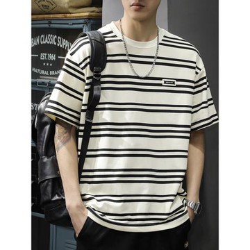 美式休閑條紋短袖T恤男夏季新款潮牌透氣體恤衫寬松圓領半袖上衣