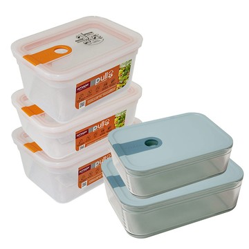 OMADA CHEF易拉保鮮盒PP+玻璃五件組(PP 0.75L、1L、1.1L、玻璃0.75L、1.1L) 航空藍