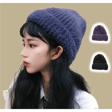 現貨-煙灰紫毛線帽日系軟糯親膚保暖堆堆帽子女秋冬針織帽毛帽